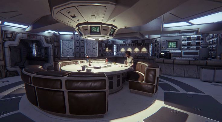 the interior of a star trek ship with two people sitting at a table in front of it