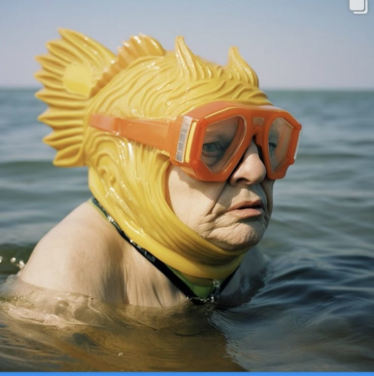 a man with goggles and a yellow fish mask in the water