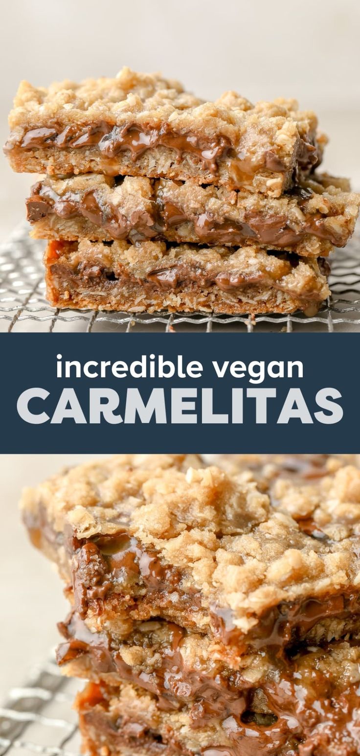 chocolate and caramel granola bars stacked on top of each other with text overlay