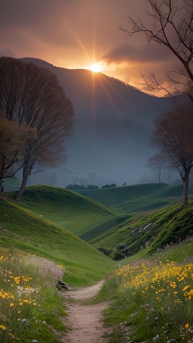 the sun is setting over a grassy hill with trees and wildflowers on it