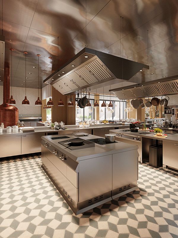 a large kitchen with stainless steel appliances and checkered flooring on the tile floors