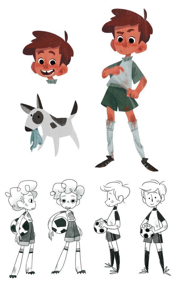 an animation character with different poses and hair styles, including a dog in the background