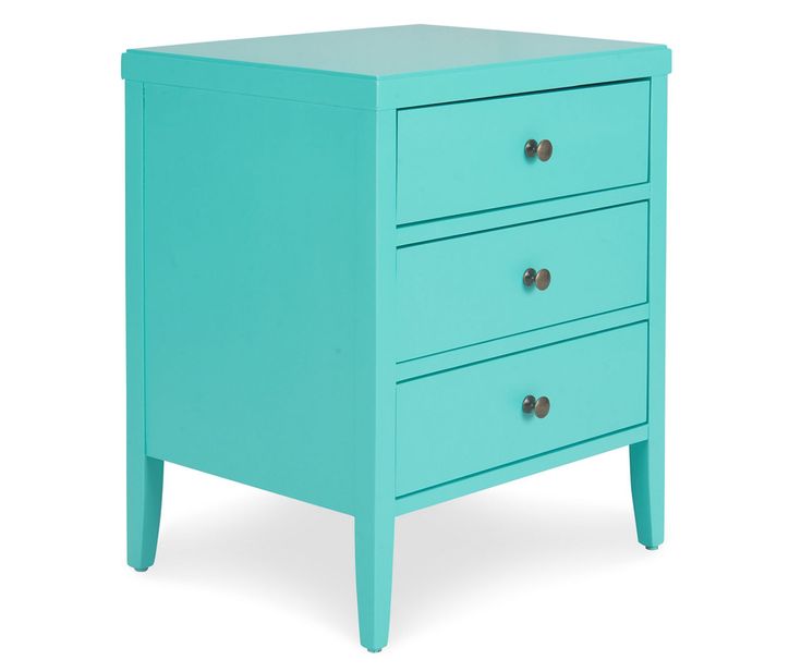 a blue nightstand with three drawers on each side and two knobs at the top