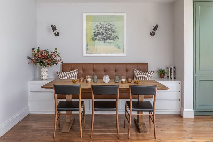 a dining table with four chairs and a bench