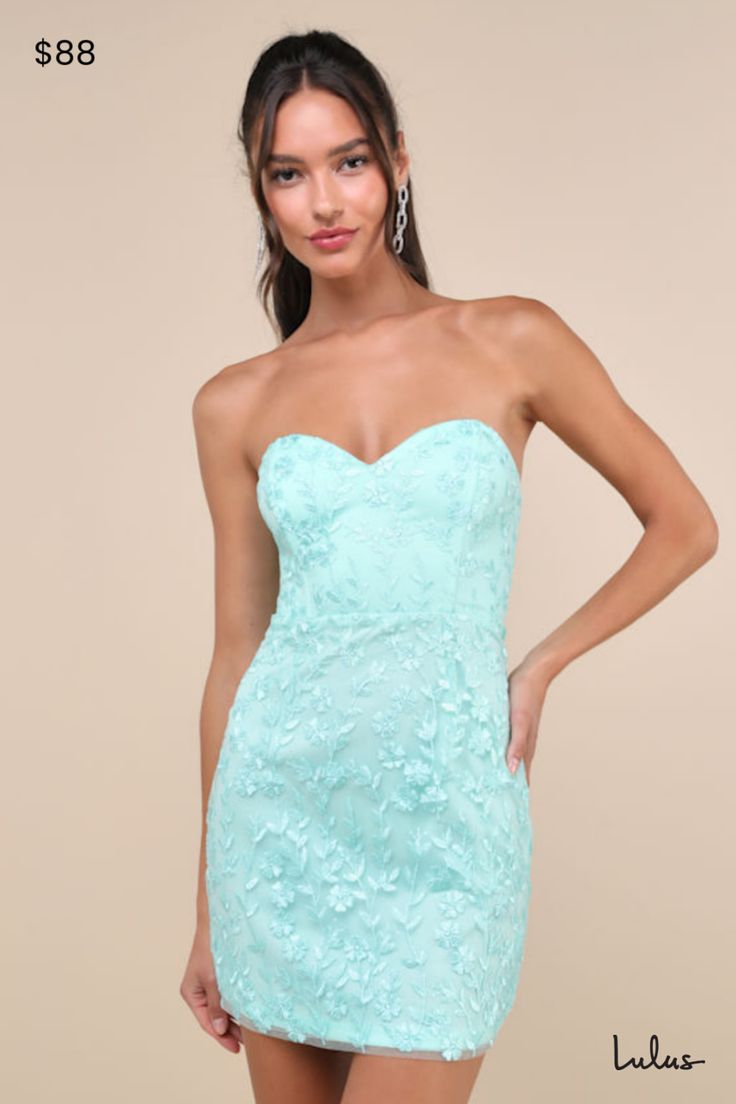 Look seriously remarkable every time you slip into the Lulus Exquisite Sensation Teal Floral Embroidered Strapless Mini Dress! Teal floral embroidery adorns a sheer mesh overlay (atop a matching knit liner) that shapes this sultry lil' dress that features a flirty sweetheart neckline and a strapless bodice with supportive boning and hidden no-slip strips. The high, fitted waist tops a mini bodycon skirt that'll perfectly flatter your figure all night long. Hidden back zipper/clasp. Fit: This gar Royal Blue Dress Homecoming, Hoco Dresses Baby Blue, Teal Hoco Dresses, Spring Graduation Dress, Teal Homecoming Dresses, Anniversary Dresses, Unique Hoco Dresses, Homecoming Inspo, Mini Homecoming Dress