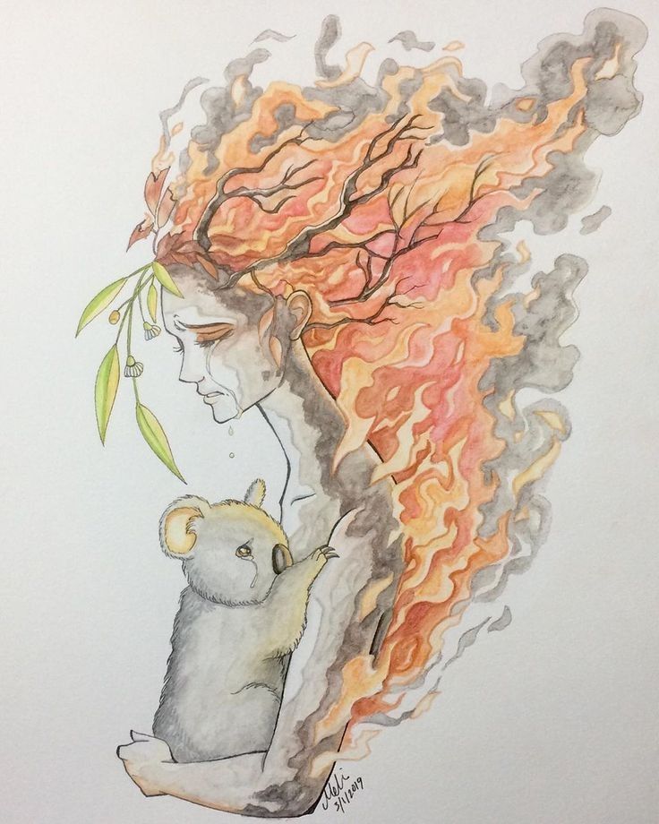 a drawing of a woman holding a baby bear in front of a fire and flames