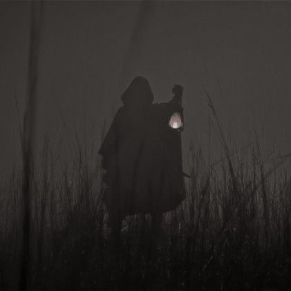 a person standing in tall grass holding a lantern