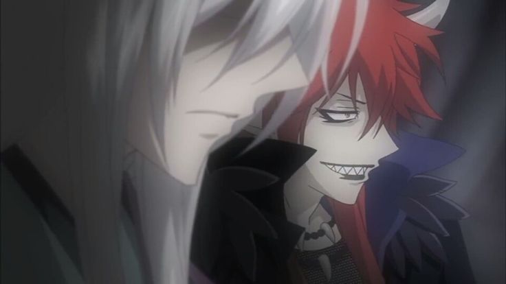 two anime characters one with red hair and the other white, staring at each other