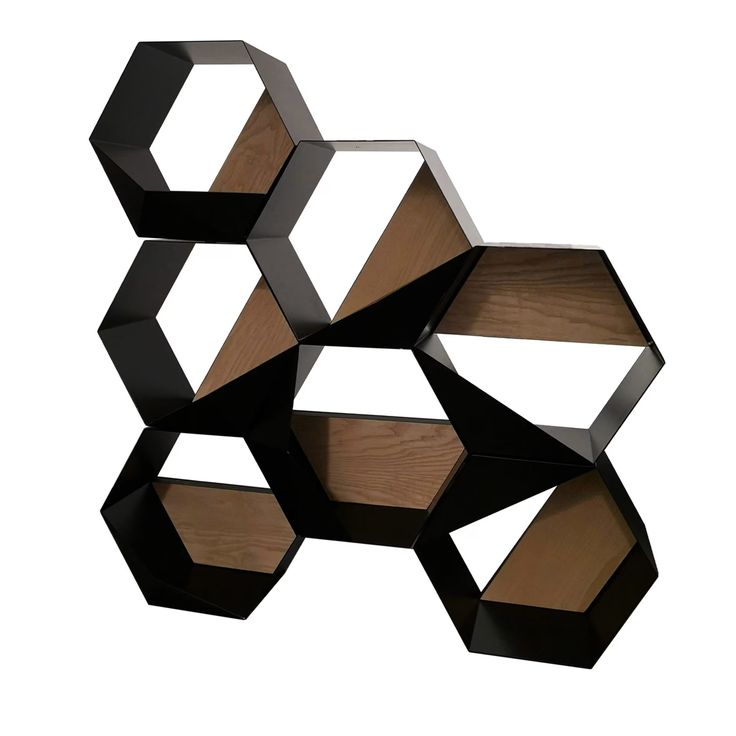 a black and brown shelf with three shelves on each side, in the shape of hexagonals