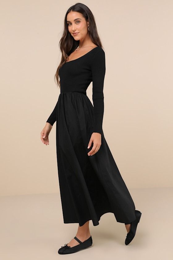 From casual outfits to elegant looks, the Moon River Exceptional Composure Black Long Sleeve Midi Dress can do it all! Stretchy ribbed knit shapes the bodice of this cute dress that has long sleeves and a flattering scoop neckline. Fitted waist tops a gathered, woven cotton skirt that falls to a midi hem. Fit: This garment fits true to size. Length: Mid-calf length. Size medium measures 52" from shoulder to hem. Bust: Great for any cup size. Waist: Fitted - elastic waist allows stretch. Hip: Not Black Long Sleeve Midi Dress, Mixed Media Dress, Moon River, Dress Bra, Sleeve Midi Dress, Long Sleeve Midi, Cotton Skirt, Long Sleeve Midi Dress, Cup Size