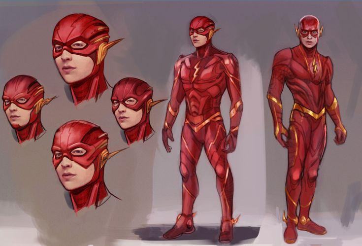 the flash character model sheet is shown in various poses and positions, including headgear