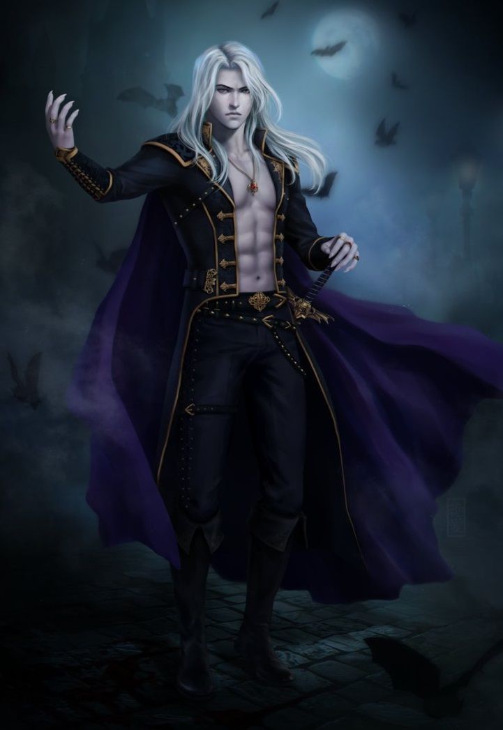 a man with long white hair wearing a black coat and cape standing in front of a full moon