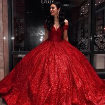 SofieProm on Storenvy Glitter Red Dress, Red Glitter Dress, Red Sparkly Dress, Red Ball Gowns, Fluffy Dress, Red Quince, Sequin Ball Gown, Quinceñera Dresses, Dress Glitter