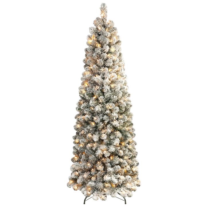 a white christmas tree with lights and snow on the top, against a white background