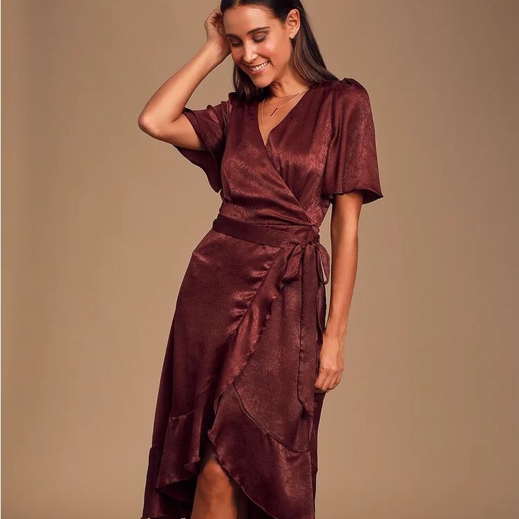 Size Small New With Tags Purchased Multiple By Accident Burgundy Short Sleeve Dress For Date Night, Burgundy Satin Dress, Easter Dresses For Toddlers, Wrap Dress Midi, Satin Wrap Dress, Strapless Prom Dress, Grunge Dress, Guest Attire, Midi Wrap Dress