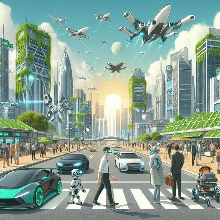 people are walking across the street in front of futuristic cityscape and cars, with an airplane flying over them