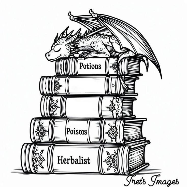 a dragon sitting on top of a stack of books with the words poisets, herbist and potions