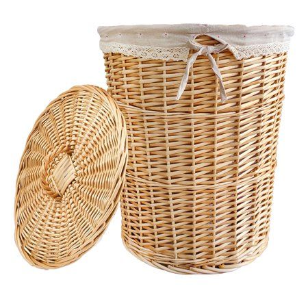 two wicker baskets sitting next to each other on top of a white background, one is empty and the other has a lid