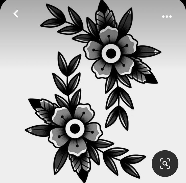 two black and white flowers with leaves on them