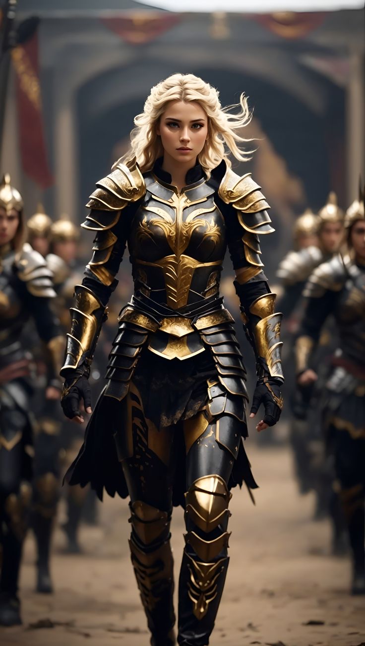 a woman in armor is walking down the street with other people behind her, all dressed up and ready for battle