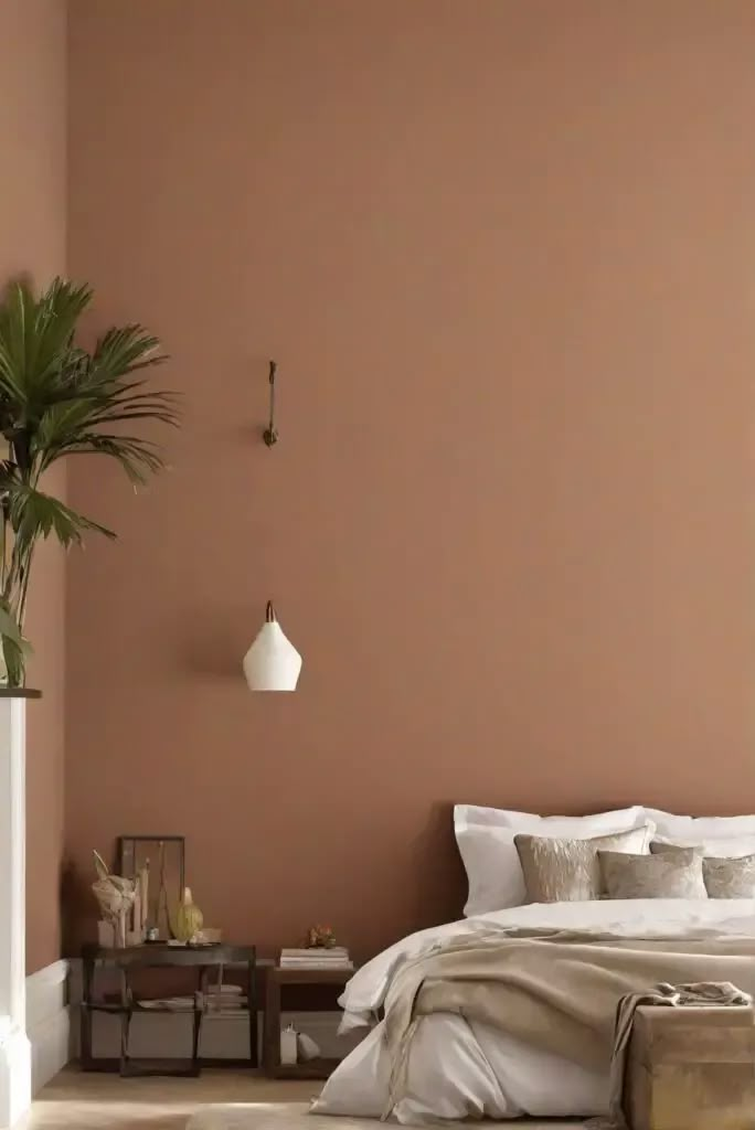 Bedroom With Feature Wall Colour, Clay Paint Living Room, One Wall Colour Bedroom, Cocoa Wall Color, Arizona Dust Valspar, Bedroom Clay Color, Plaster Wall Bedroom, Clay Coloured Bedroom, Salmon Bedroom Walls