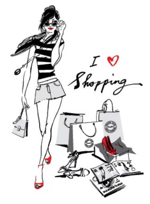 a drawing of a woman talking on her cell phone and shopping bags with the words i love shopping