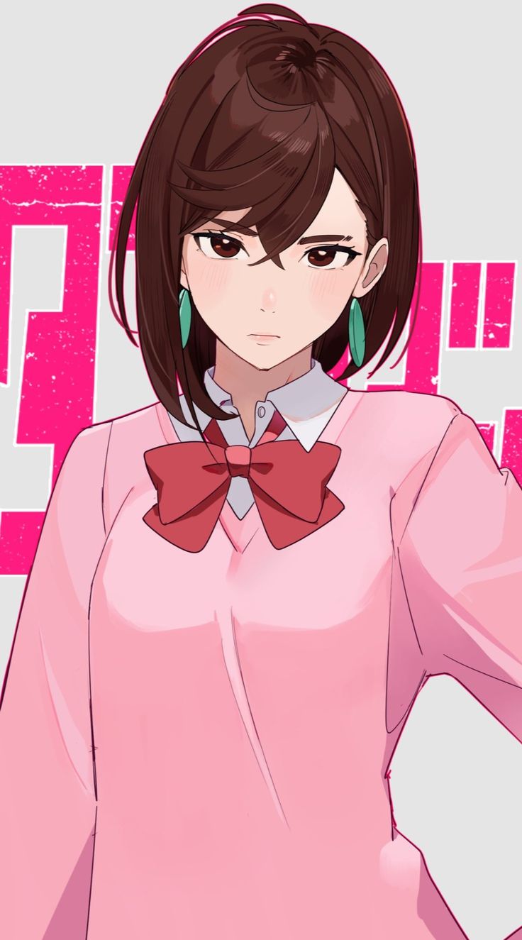 an anime character wearing a pink shirt and red bow tie with her hands on her hips