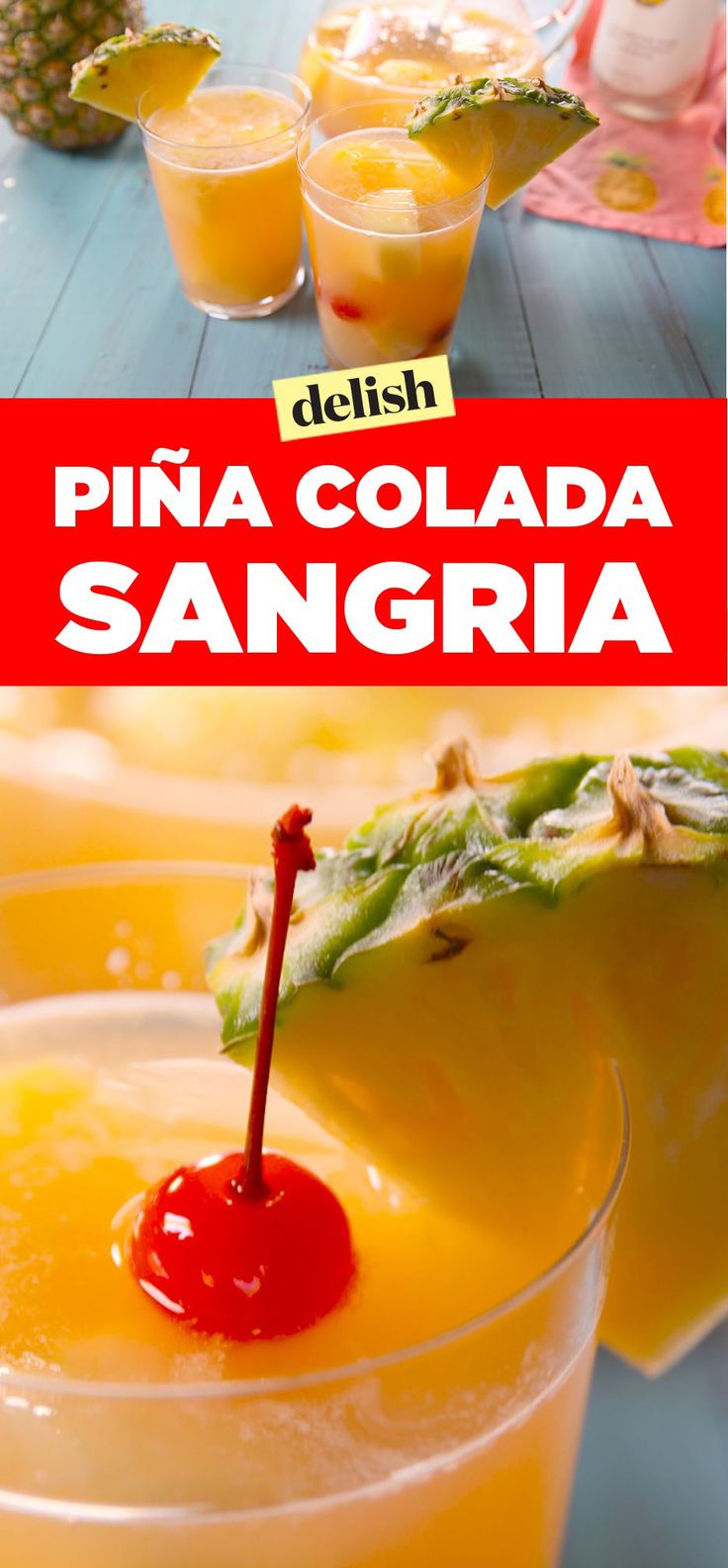 pine colada sanggria is served in glasses with fruit on the rims