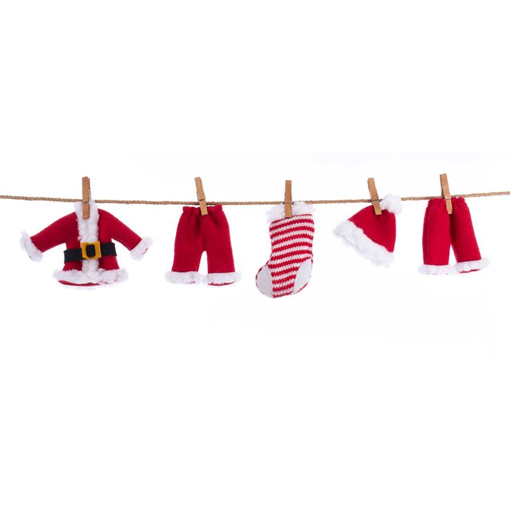 Santa Suit 'Clothesline' Garland - 32 Inches long - The Country Christmas Loft Striped Stockings, Santa Suit, Wooden Clothespins, Santa Outfit, Holiday Garlands, Santa Suits, Christmas Tree Garland, Kurt Adler, Red Felt