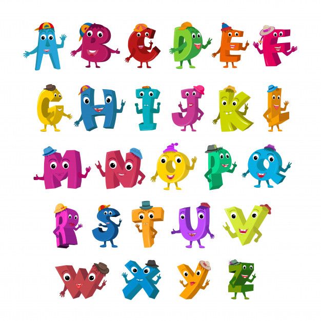 the letters are made up of different colored cartoon characters, including one with eyes and hands