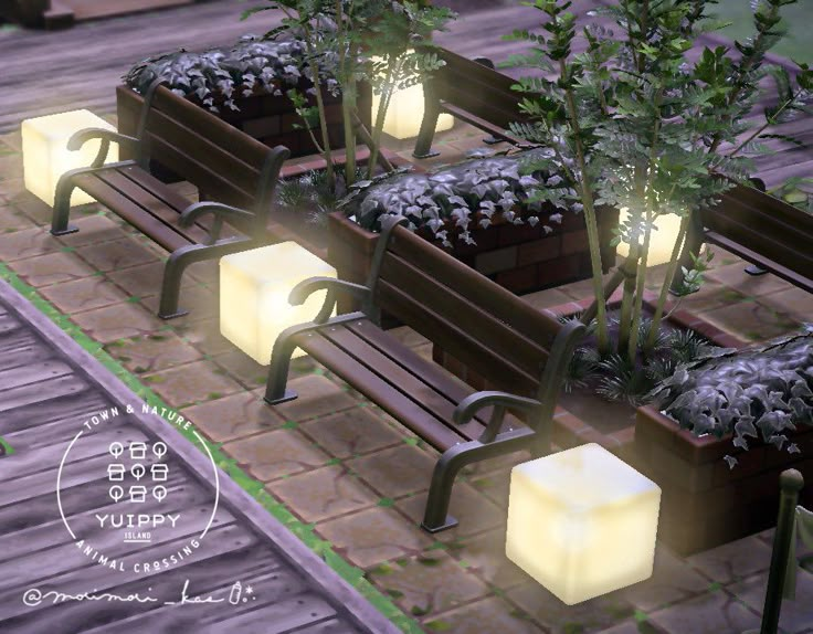 some benches with plants and lights on them