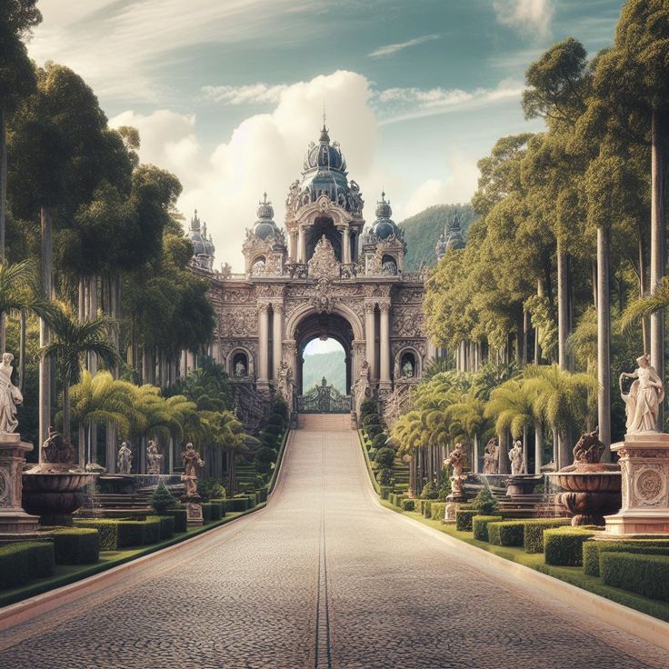 the entrance to an old palace with statues on either side and trees lining the walkway