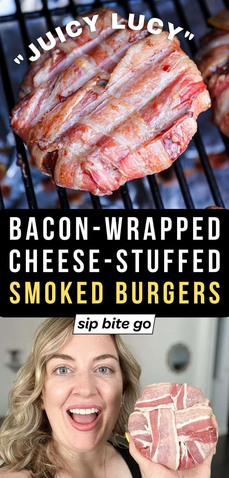 bacon wrapped cheese - stuffed smoked smoked burgers on the grill with text overlay