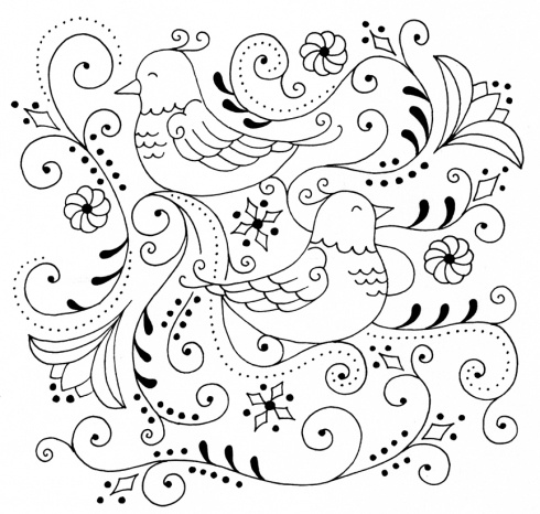 a drawing of birds with swirls and flowers in the middle, on a white background