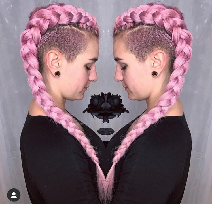 Mohawk Braids With Shaved Sides, Coloured Hair Ideas, Valentine's Hairstyles, Shaved Sides Pixie, Character Hair Ideas, Hair Shaved Sides, Long Hair Shaved Sides, Mohawk Braids, Heart Braids