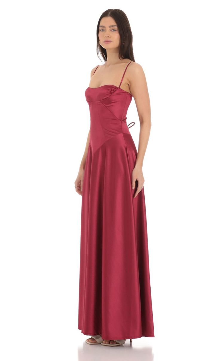 Satin Square Neck Maxi Dress in Maroon Nice Long Dresses Classy, Red Velvet Dresses Long, Mahogany Prom Dress, Ruby Colored Dress, Burgundy Dresses Bridesmaid, Formal Holiday Dresses, Old Money Long Dresses, Red Snowball Dresses, Unique Corset Dresses