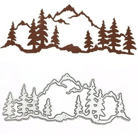 the silhouettes of trees and mountains are shown in this drawing, which is part of a