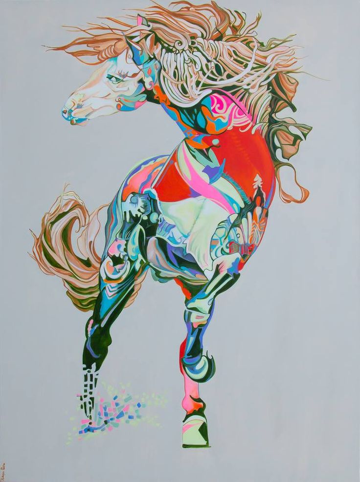 a painting of a horse running on its hind legs with long hair blowing in the wind