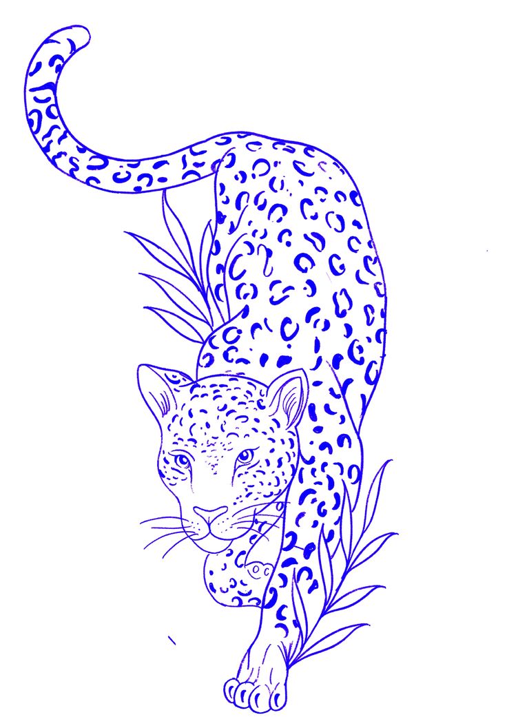 a black and white drawing of a leopard