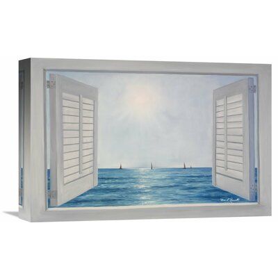 an open window to the ocean with sailboats