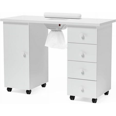 a white desk with three drawers and a tissue dispenser