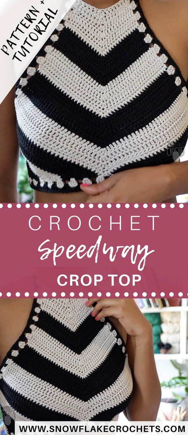 a woman wearing a black and white crochet top with text overlay that reads, crochet speedway crop top