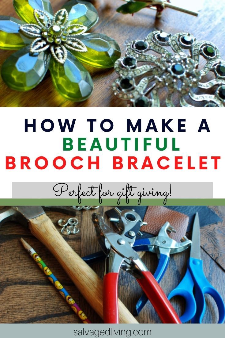 the words how to make a beautiful brooch bracelet are in front of some scissors