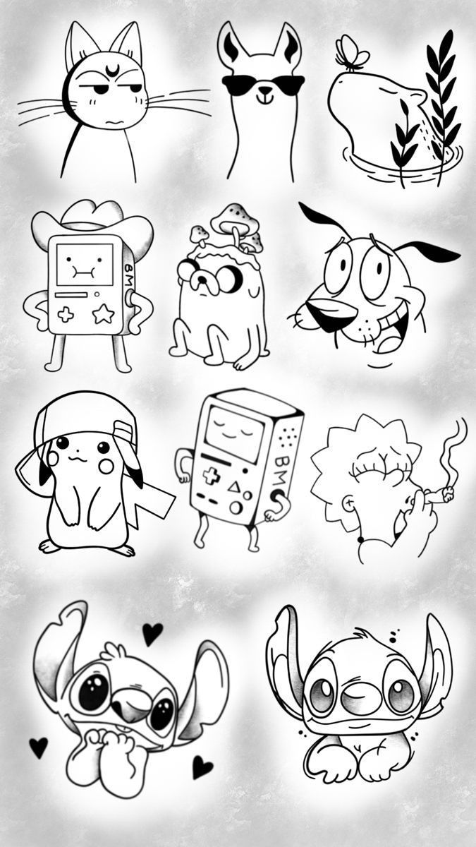 some cartoon animals are drawn in black and white