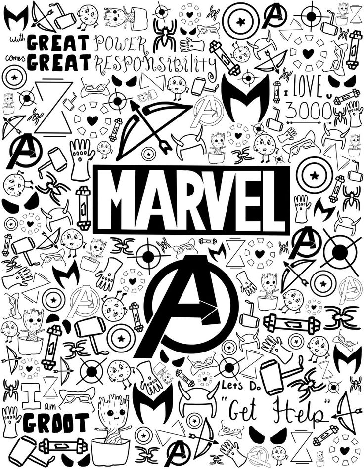 the avengers logo surrounded by doodles and other things that are drawn in black and white