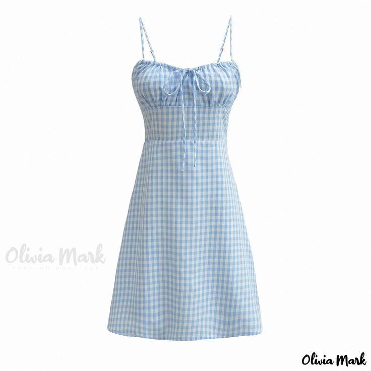 Olivia Mark - Chic Plaid Sleeveless Dress Blue Sundress With Tie Straps For Spring, Casual Mini Dress With Tie Straps For Summer, Casual Fitted Sleeveless Dress For Vacation, Light Blue Fitted Sundress For Summer, Fitted Light Blue Sundress For Summer, Blue Tie Straps Mini Dress For Summer, Picnic Sundress With Tie Straps, Light Blue Sleeveless Summer Mini Dress, Light Blue Sleeveless Mini Dress For Summer