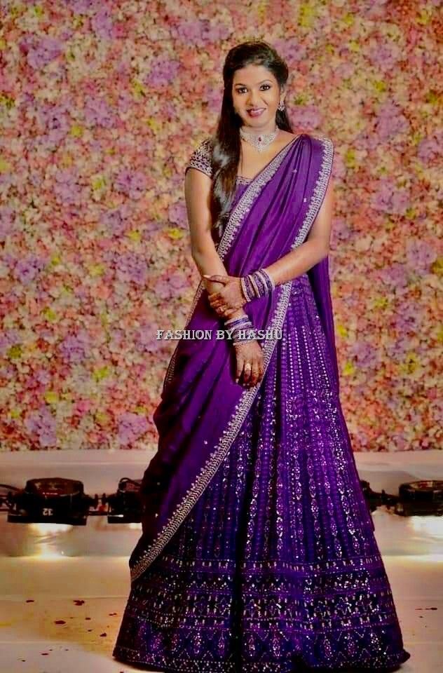 PURPLE LEHENGA 2023 For More Designs Click on our YouTube link...? 🫣���🤩😱 Purple Dress Outfit Wedding Indian, Solid Colour Lehenga, Reception Half Sarees, Half Sarees For Reception, Leghanga Half Saree, Half Saree For Reception, Sangeeth Dress Designs, Lehanga For Reception Bridal, Benaras Lehangas