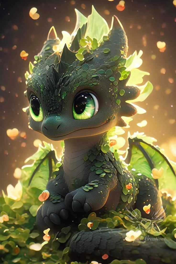 a green and yellow dragon sitting on top of leaves