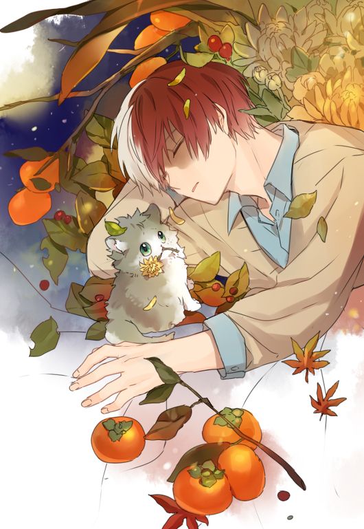 an anime character holding a cat in his arms