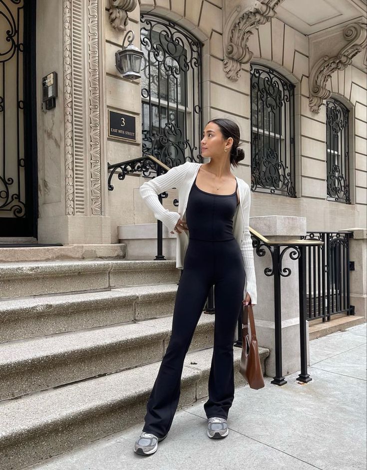 Flare Leggings Cardigan Outfit, Flare Pants And Cardigan Outfit, Flair Jumpsuit Outfit, Jumpsuit Outfit Leggings, Black Active Jumpsuit Outfit, Body Suit Pants Outfit, Unitard And Cardigan Outfit, Black Jumpsuit Outfit With Cardigan, Aritzia Jumpsuit Outfit Flare